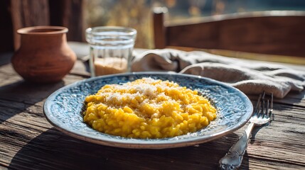 Authentic Italian Saffron Risotto with Golden Rice and Fresh Cheese in Natural Light