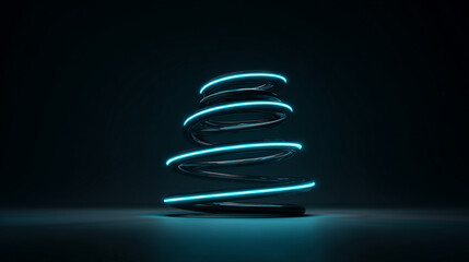 A 3D-rendered abstract geometric background with a glowing neon spiral line in the dark, forming a simple helix, minimalist and futuristic, perfect as wallpaper.
