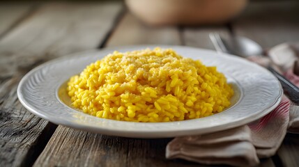 Classic Saffron Risotto from Northern Italy Served in Rustic Home Style