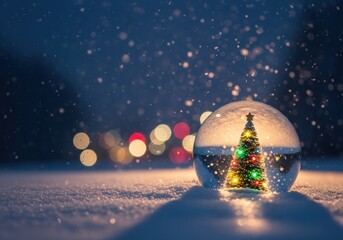 Christmas tree inside a snow globe with falling snow and bokeh lights