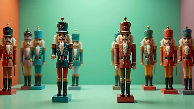 Group of Nutcracker Figures Standing on Colorful Surface