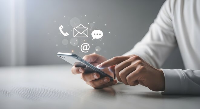 A person uses a smartphone with digital icons for call, email, and chat, symbolizing online communication and modern connectivity in a professional setting.