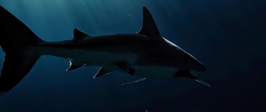 A powerful and intimidating silhouette of a great white shark glides gracefully through the deep blue ocean, filmed in majestic slow motion.