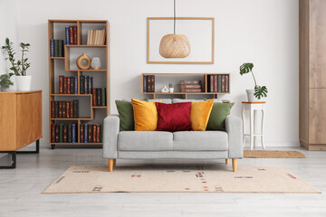 Interior of living room with sofa and book shelves near white wall