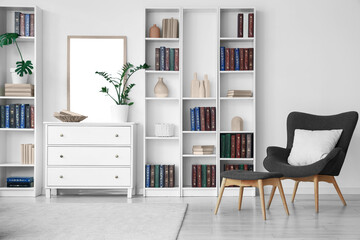 Interior of living room with chest of drawers and book shelves near white wall