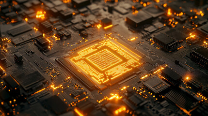 A hyperrealistic AI circuit chip photographed like jewelry, gleaming with metallic details and precision, blending technology with elegance and luxurious aesthetic.
