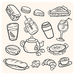 Hand Drawn Doodle Food and Drinks Set