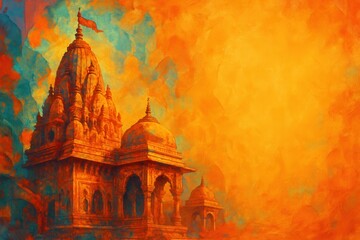 Colorful background with abstract temple in Indian style.