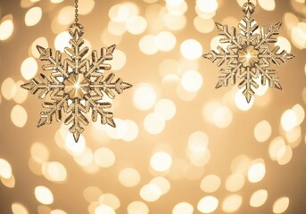 Elegant golden snowflake ornaments hanging against a blurred bokeh background