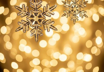 Golden snowflakes sparkle against a warm bokeh background for the holidays