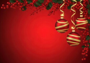 Festive Christmas ornaments with holly berries on a vibrant red background