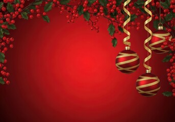 Festive Christmas background with ornaments, holly, and red berries