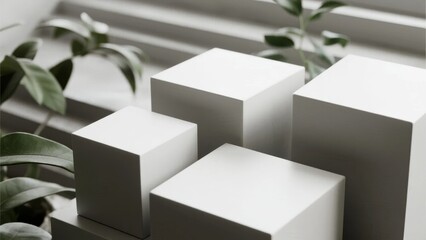 White cubic blocks arranged in a modern indoor setting with green plants and natural light
