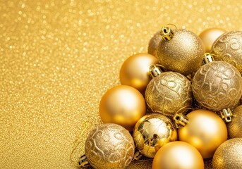 Golden Christmas ornaments on a shimmering gold background for the holidays