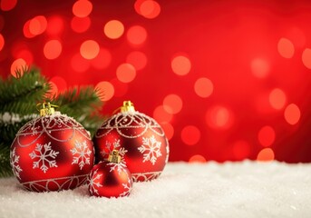 Festive Christmas ornaments with snowflakes on a snowy surface against a red background