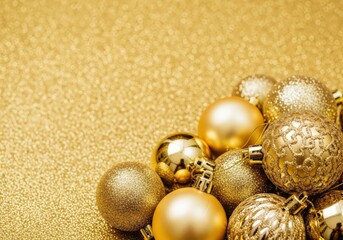 Golden Christmas ornaments on a sparkling gold background for the holidays