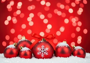 Festive Christmas ornaments with snow and a red bokeh background