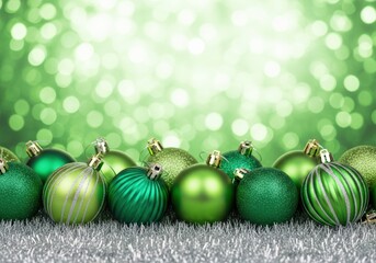 Festive green Christmas ornaments with silver tinsel and bokeh background