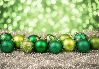Festive green Christmas ornaments with silver garland and bokeh background