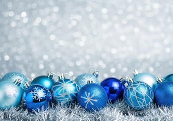 Christmas ornaments in shades of blue with silver tinsel and a bokeh background