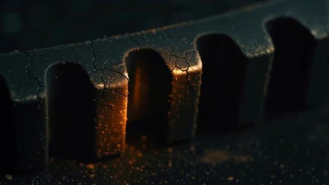 Close up of worn industrial machinery gear teeth with cracked metal texture and rusty belts illuminated by warm light highlighting mechanical details