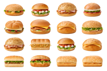 Realistic Filled Bread Rolls and Sandwiches PNG Set – Hamburger, Cheesebun, Chicken Roll, Ham & Cheese, Vegetable Toppings