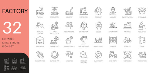 Factory and manufacturing line icon set. Thin line vector symbols for production, automation, and supply chain. Includes robotics and smart factory icons.