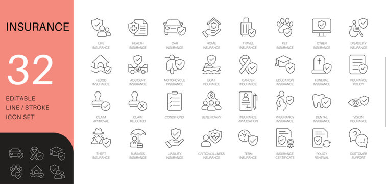 Insurance and protection line icon set. Thin line vector symbols for health, car, and home insurance. Includes cyber insurance and claim icons.