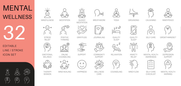 Mental wellness and mindfulness line icon set. Thin line vector symbols for therapy, self-care, and meditation. Includes online counseling icons.