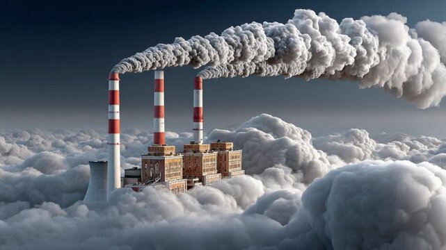 Smog Stacks: Smoke billows ominously from industrial smokestacks, creating a smog-filled sky above a city, highlighting the consequences of pollution. 