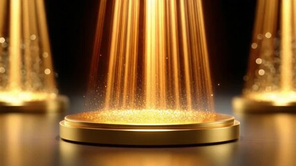 Golden Stage of Achievement: Illuminated stage emits dazzling streams of light, suggesting a moment of triumph and prestige. A visual celebration of accomplishment and the pinnacle of success.