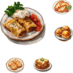 set of Polish cuisine and Portuguese cuisine, set of international cuisine in color style