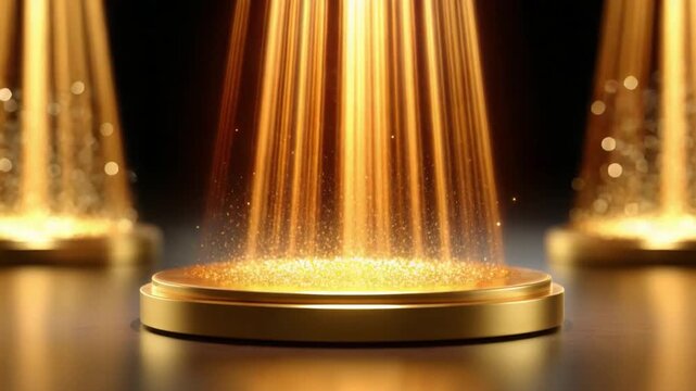 Golden Stage of Achievement: Illuminated stage emits dazzling streams of light, suggesting a moment of triumph and prestige. A visual celebration of accomplishment and the pinnacle of success.