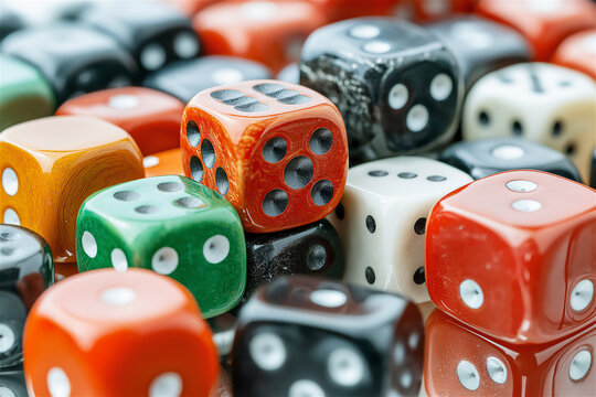 Collection of colorful gaming dice in various colors and designs. Assorted polyhedral dice used for board games and tabletop role-playing games showing different numbers, sizes and patterns. - Powered by Adobe