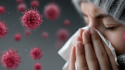 Person sneezing during virus outbreak against the background of bacteria