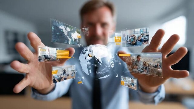 Global Network Visionary: A man of modern expertise materializes a captivating display of the digital world, encompassing global networks, data visualization.