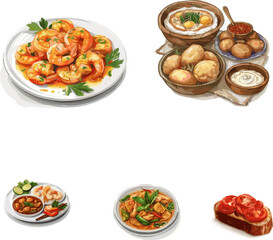 Illustrations of Spanish and Romanian cuisine in color style