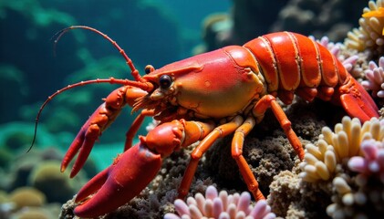 Ocean floor dwelling lobster showcasing its ornate tail in a vibrant underwater ecosystem. A detailed, close up photograph of a large, vibrant red lobster s ornate, segmented tail resting on a richly