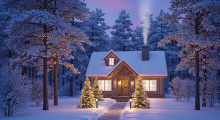 Cozy snow-covered cabin in a serene winter forest, glowing with festive Christmas lights and warmth, an inviting retreat for cherished holiday memories and delightful home preparations