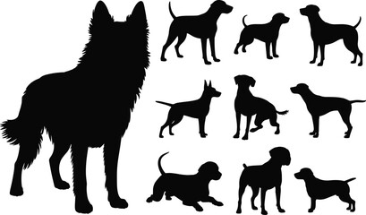 Dog silhouette collection, domestic pet outline, animal vector illustration, canine breed shapes, sitting standing lying poses, black silhouette artwork, design element