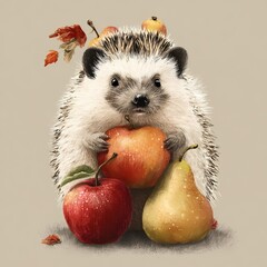 Hedgehog surrounded by apples and pears in a cozy autumn setting