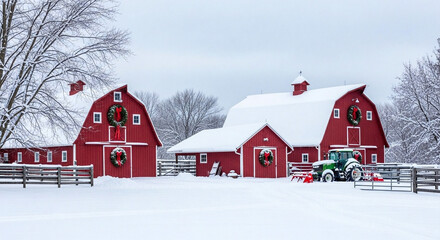 Picturesque red barns and a vibrant green tractor stand out in a tranquil snowy winter farm scene, beautifully adorned with festive wreaths during the holiday season
