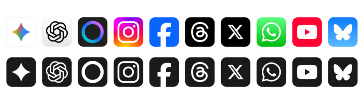 social media icon set social network logos , facebook, instagram, x, youtube, whatsapp, bluesky, icon . artificial intelligence ai apps: chatgpt, meta ai, google gemini, logo, icons