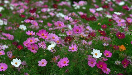 Obraz premium Field of colorful cosmos flowers bloom vibrantly in lush green grass.