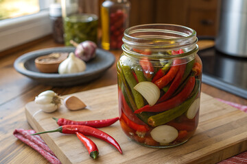 A rustic home style photo of home made pickled chili peppers in a clear glass jar 