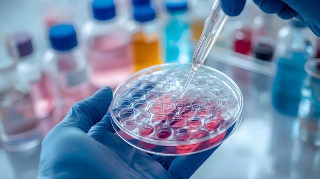 Scientist using pipette with pink liquid in petri dish inside modern laboratory, performing biotechnology research and chemical experiment focused on innovation, medicine, and scientific discovery