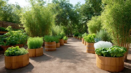 Fototapeta premium Vibrant Community Garden Pathway Surrounded by Lush Green Foliage and Fresh Vegetables