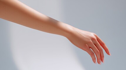 Elegant Female Hand Reaching Out Towards Light with Soft Shadows against a Minimalistic Background