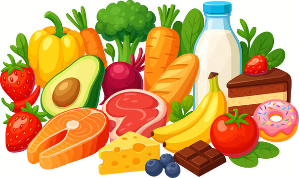 A colorful cartoon image featuring a variety of foods including vegetables, fruits, meat, fish (salmon), dairy (milk, cheese), bread, chocolate, and some sweet treats (cake, donut) - Powered by Adobe