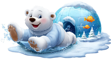 Polar Bear's Winter Fun: A cheerful cartoon polar bear frolics in a snowy wonderland, embracing the winter season's icy charm.